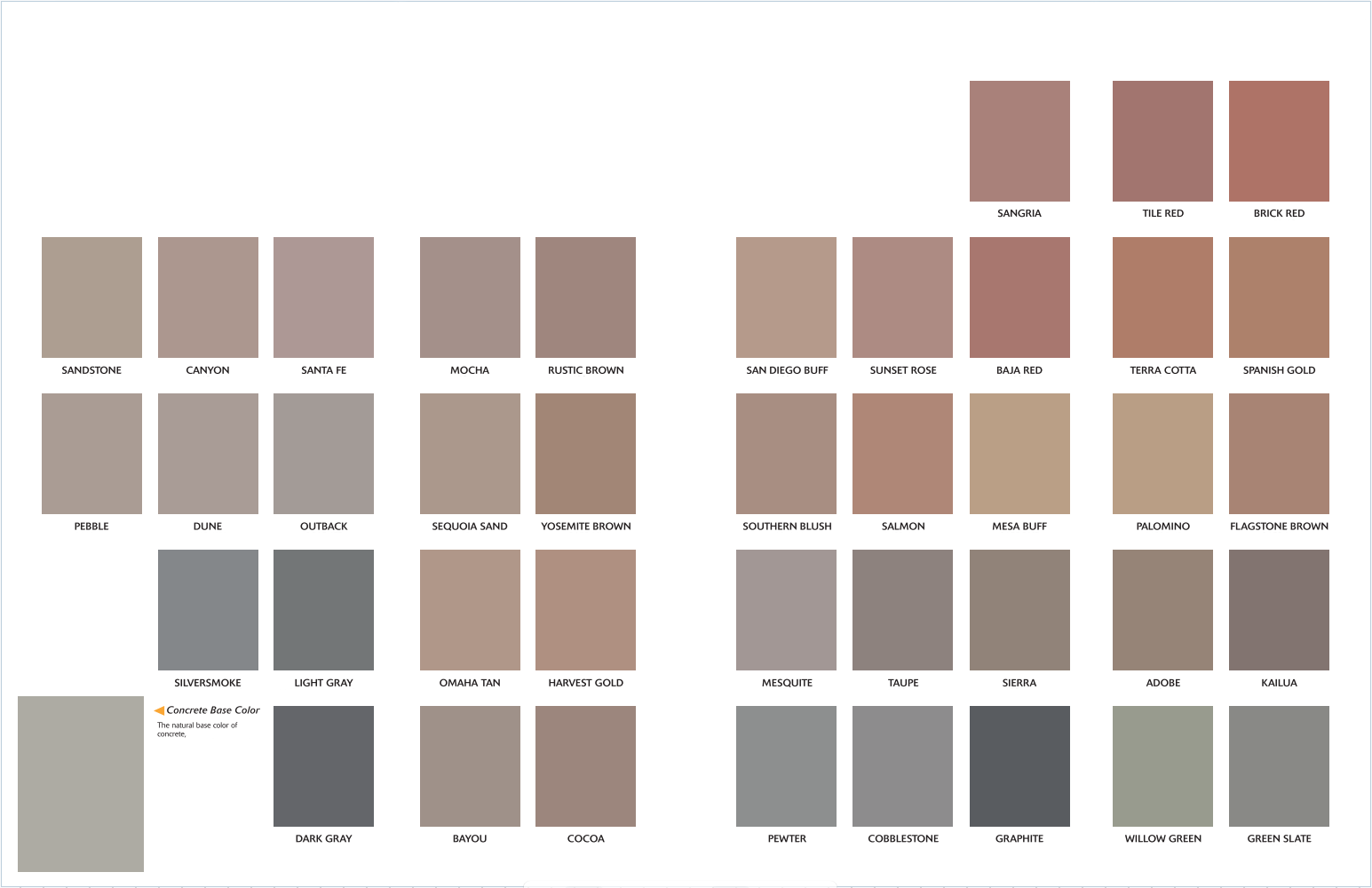 Concrete curbing colour chart with 40 base colours, gray highlights, and the natural concrete base colour